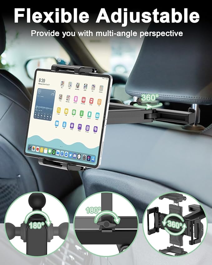Headrest Tablet Holder for Car with Foldable Adjustable Arm, Long Trip Back Seat Car Tablet Mount Stand for iPad Pro/Air/Mini, Galaxy, 6.1-15.6" Devices and Thickness Cases [Up to 1.18"]