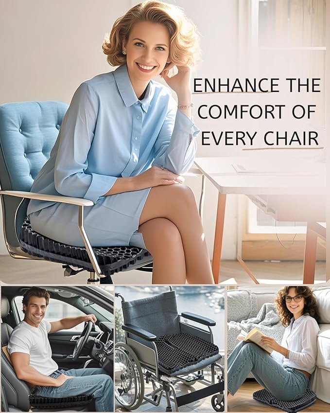 Gel Seat Cushion for Long Sitting & Hip Pain Relief (Large Size) - Cooling 3D Cushions for Office Chair, Car, Wheelchair, Breathable & Non-Slip Cover with Pressure Relief Technology