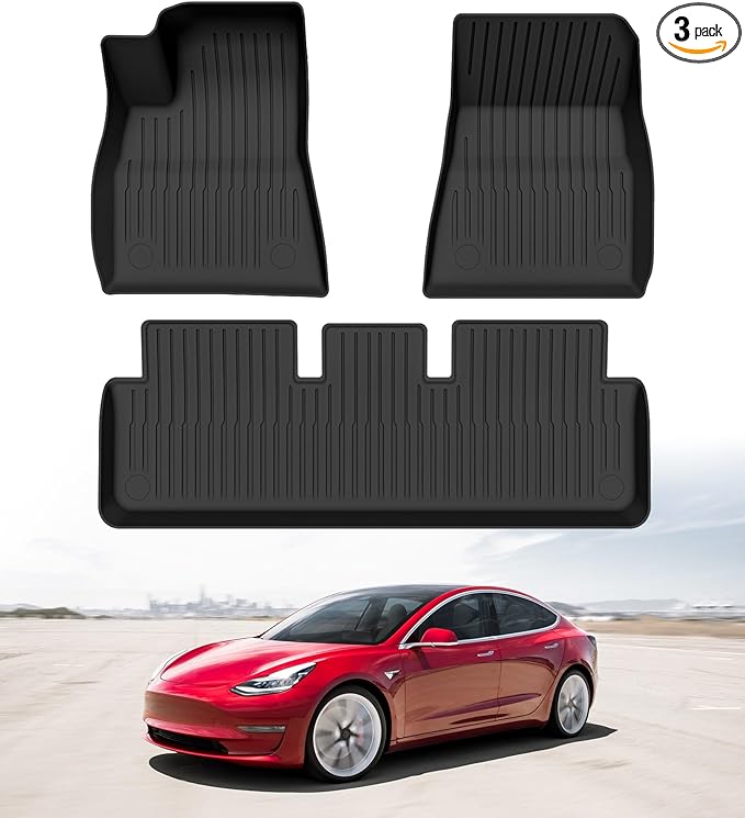 PM Auto Set of 3 Floor Mats for Tesla Model 3 2017-2023 (Except Highland), All-Weather TPE Custom Fit Car Floor Mats
