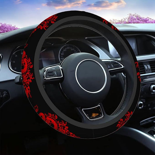 Swono Dragon Red Universal Neoprene Steering Wheel Cover Abstract Chinese Dragon Red Black 15 Inch Steering Wheel Covers,Printed Steering Wheel Elastic Protection for Women and Girls