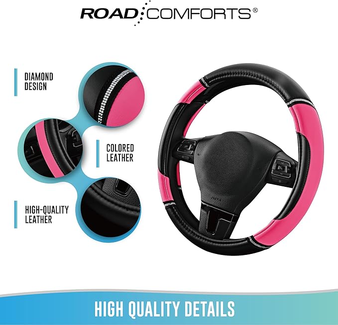 Road Comforts Leather Steering Wheel Cover - Made with PVC Leather - Anti-Slip, Universal Fit 14 1/2 inches to 15 inches - Hot Pink