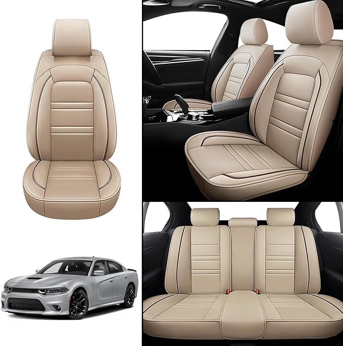 Seat Covers for Dodge Charger 2006-2023 | 5-Seats Leather Seat Covers, Easy to Install Automotive Seat Covers Full Set (Full Set, Beige)