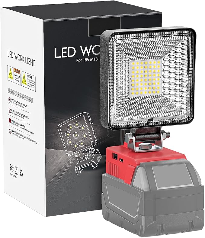 LIVOWALNY 30W LED Work Light Compatible with Milwaukee Battery, Portable 3000LM Flood Flashlight Tools 140° Adjustable Head with USB & Type C Output Port for Camping, Hiking, Construction, Emergency