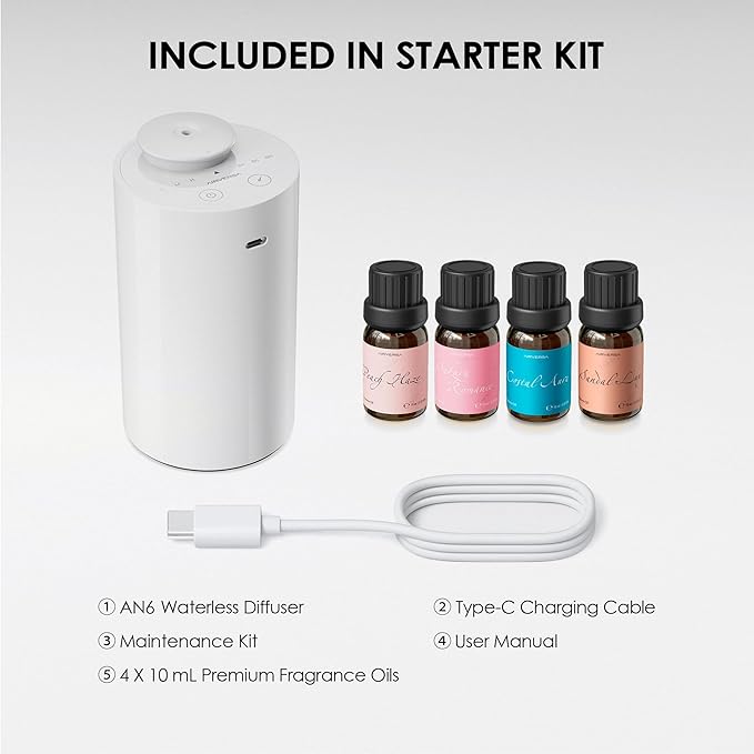 Airversa Waterless Essential Oil Diffuser Starter Kit with 4 x 10mL Fragrance Scent Oil, Battery Operated Mini Scent Air Machine Portable Diffuser for Home Car Office, AN6 White Kit01