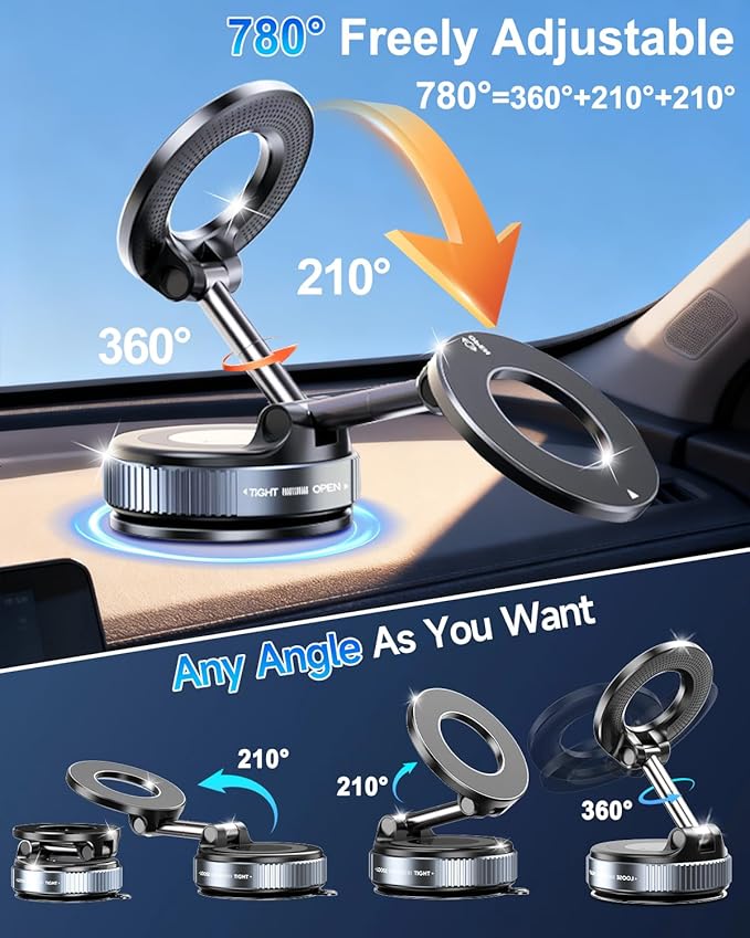2026 Upgraded Vacuum Magnetic Car Phone Holder for Your Car [120LBS Ultra Suction Cup & 3000gf Magnet] 780° Adjustable Foldable Cell Phone Mount for Magsafe Dashboard Car Bracket for iPhone & Android