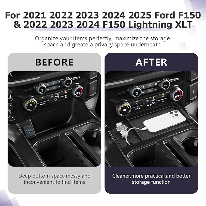 LUWU Center Console Organizer for 2021-2024 2025 Ford F150 & 2022-2024 F150 Lightning XLT Hidden Storage Tray 2025 F150 Accessories w/USB Hole (Fits into The Open Pocket in Front of The Shifter)
