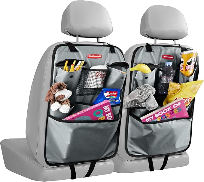 Rubbermaid Backseat Car Organizer, Kick Mats and Seat Back Protector, Car Organizer for Kids with 6 Storage Pockets, Travel Essentials for SUV, Truck, Car - 2 packs Gray