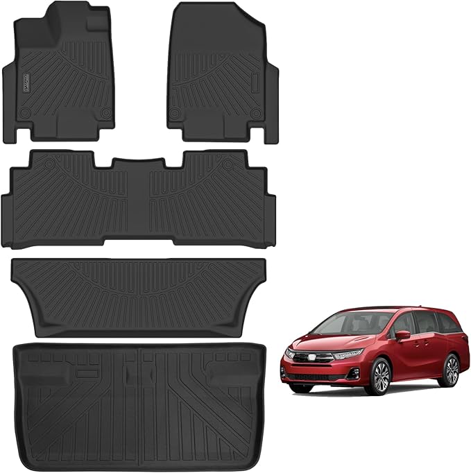 Floor Mats & Trunk Mat for 2018-2024 2025 Honda Odyssey 7 Seats TPE All Weather Protection 3 Rows Full Set Car Floor Liners with Cargo Liners for Honda Odyssey-Black