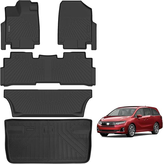 Floor Mats & Trunk Mat for 2018-2024 2025 Honda Odyssey 7 Seats TPE All Weather Protection 3 Rows Full Set Car Floor Liners with Cargo Liners for Honda Odyssey-Black