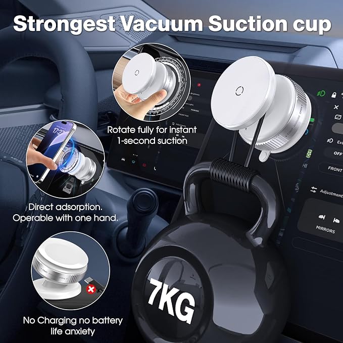 360° Rotatable Vacuum Magnetic Phone Holder, Adjustable Hands-Free Suction Cup Car Phone Mount for Car/Gym/Mirror/Smooth Surface, Compatible with iPhone Android and All Smartphones (White)