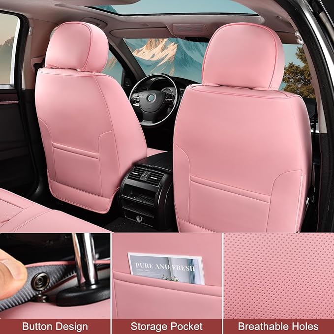 Pink Car Seat Covers Full Set, Breathable Leather Automotive Front and Rear Seat Covers with Headrest, Waterproof Auto Seat Protectors Fit for Most Sedans SUV Pick-up Truck