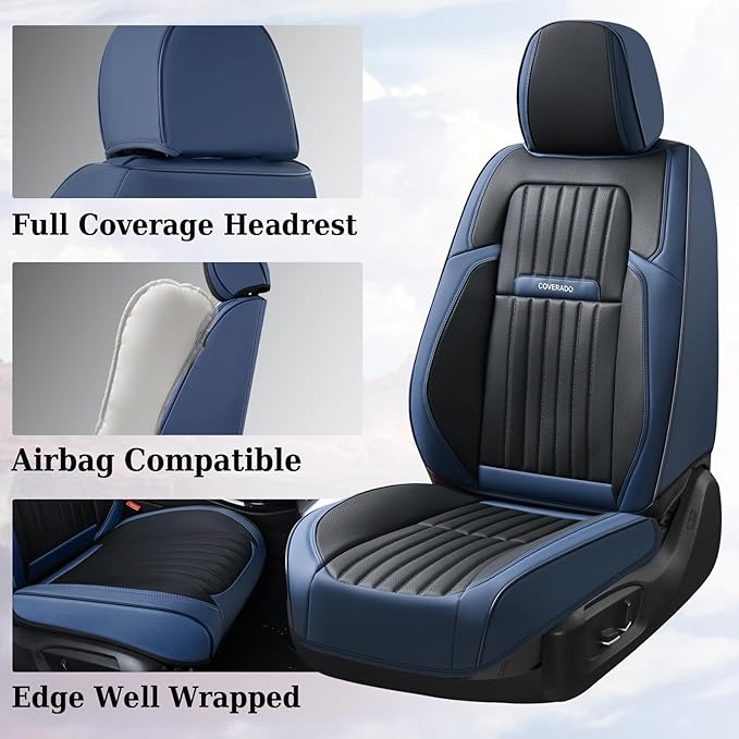 Coverado Car Seat Covers Full Set, Nappa Leather Seat Covers for Cars, Car Seat Cushion Car Seat Protector, Front and Back Seat Protectors Cushions Universal Fit for Most Cars Vehicles(Blue&Black)