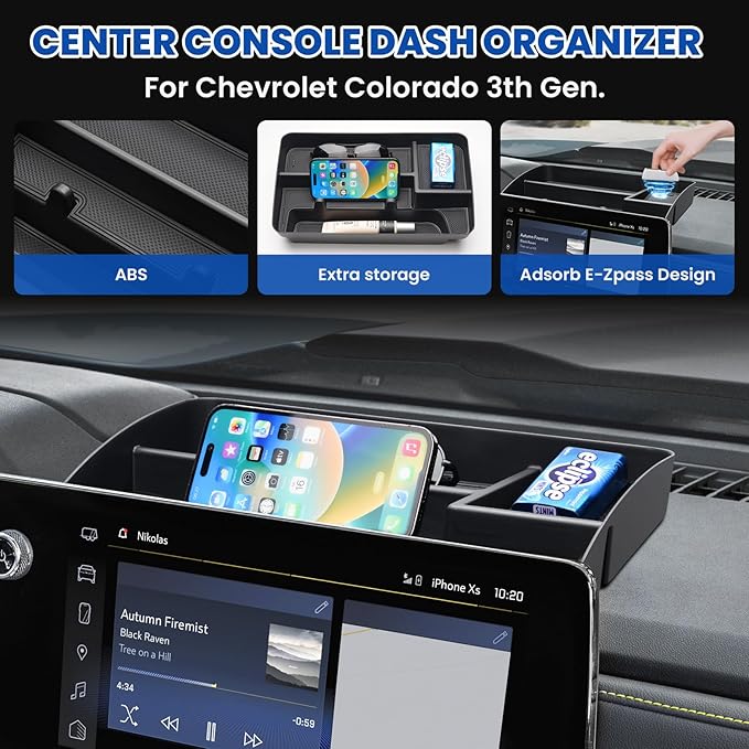 Autorder Center Console Dash Organizer for 2023-2026 Chevy Chevrolet Colorado Accessories Dashboard Insert Tray with Cellphone Holder Storage Box with Anti-Slip Mat