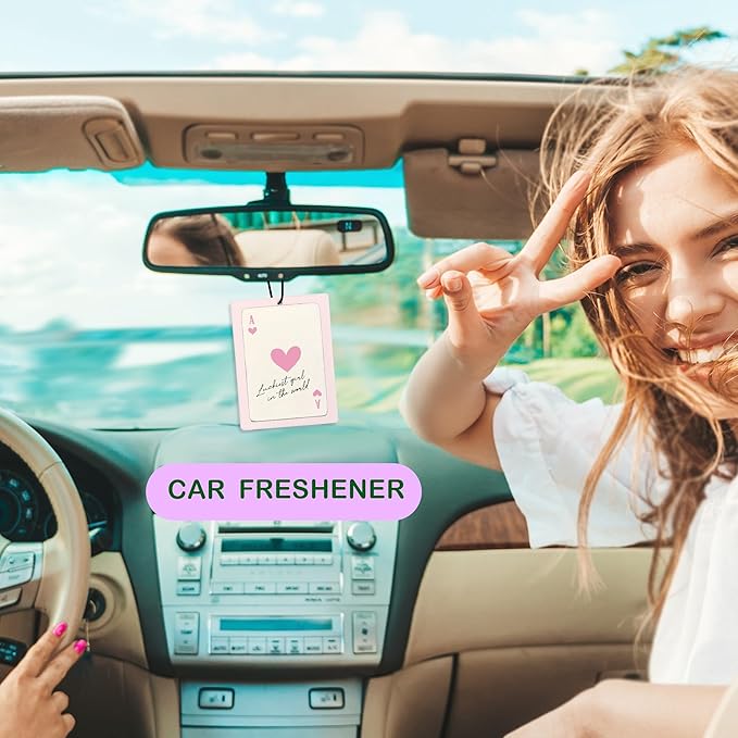 Cute Pink Air Freshener for Car, Coquette Pink Bow Disco Ball Ace Card Lucky Girl Air Freshener Hanging 3 Pcs for Cars Closet Drawer or Books, Girly Preppy Car Mirror Decor for Women