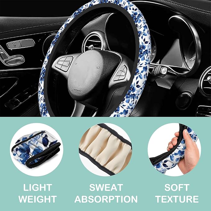 Watercolor Blue Flowers Steering Wheel Cover for Women Men,Anti-Slip Breathable Car Steering Wheel Cover Elastic Protection with 2 Pieces Car Coasters,Universal 15" Fit Auto,Suvs,Truck