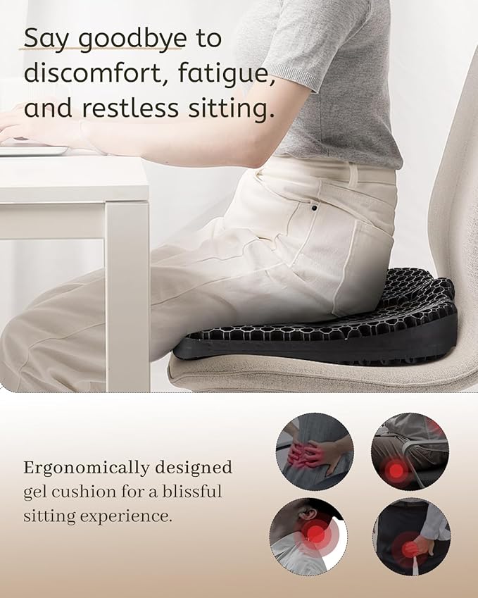 Gel Seat Cushion for Long Sitting & Hip Pain Relief (Large Size) - Cooling 3D Cushions for Office Chair, Car, Wheelchair, Breathable & Non-Slip Cover with Pressure Relief Technology