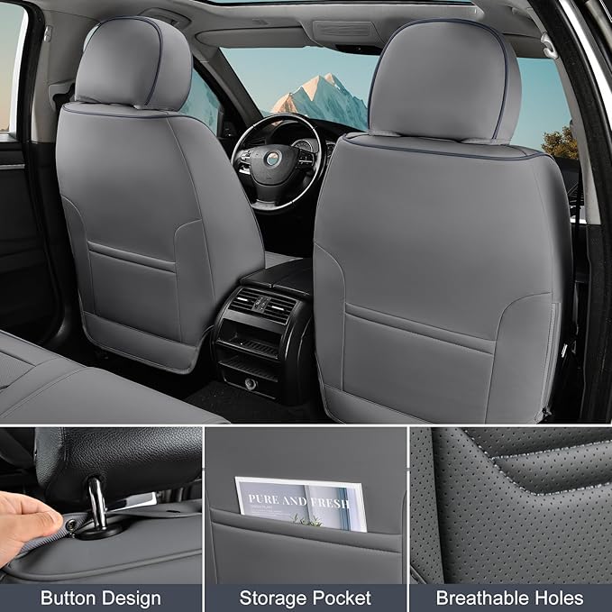 Gray Car Seat Covers Full Set, Breathable Leather Automotive Front and Rear Seat Covers & Headrest for Reduce The Driving Fatigue, Compatible with Most Vehicles, Cars