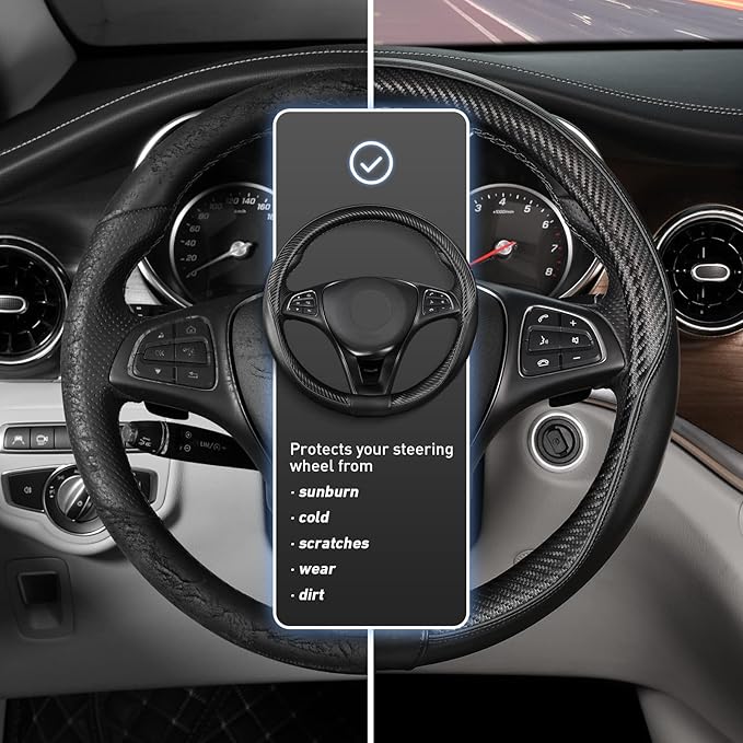SEG Direct Car Steering Wheel Cover Universal Standard-Size 14 1/2"-15" Leather with Carbon Fiber Pattern Black