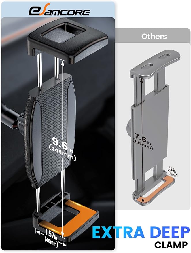 eSamcore Tablet Holder for car, 1.57" Extra Deep Clamp for iPad for Car Dashboard Gooseneck iPad Dash Mount Windshield 360° Rotating Suction Cup Mount for 6"-11" Tablet