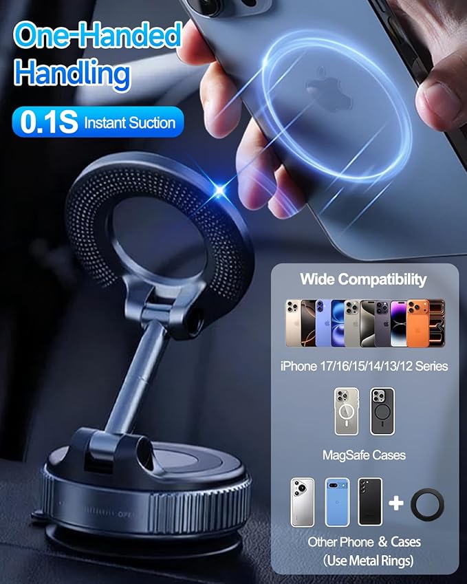 2026 Upgraded Vacuum Magnetic Car Phone Holder for Your Car [120LBS Ultra Suction Cup & 3000gf Magnet] 780° Adjustable Foldable Cell Phone Mount for Magsafe Dashboard Car Bracket for iPhone & Android