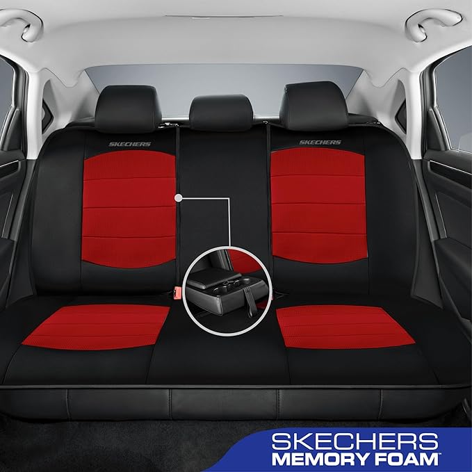 Skechers Memory Foam Seat Covers,Thick Cool Touch Fabric Car Seat Covers,Car Seat Cover Full Set,Airbag Compatible,Automotive Comfort Protection for Most Cars,Vans,Trucks,SUV,Red