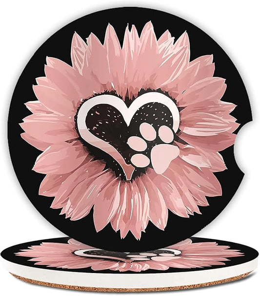 Sunflower Pink Flowers Dog paw Absorbent Cup Holders Car Coasters,Ceramic Stone Drinks Coaster Set for Women Man 2.56"(2 Pack)