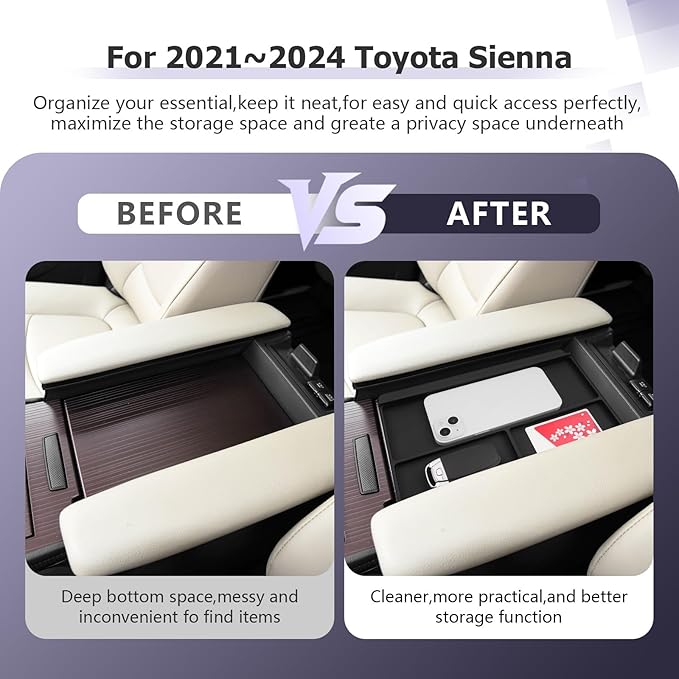 LUWU Center Console Organizer Tray Compatible with 2021 2022 2023 2024 2025 2026 Toyota Sienna Accessories Armrest Storage Pad Anti-Slip Armrest Lid for 2025 2026 Sienna Accessories(Not for Cool Box)