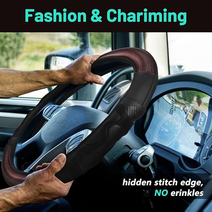 17.5-18 Inch Truck Steering Wheel Cover Leather Wheel Semi-Truck Comfy Grip Cover with 3D Honeycomb Anti-Slip Design Car Accessory, Fits RV, Big Rig and Classic Car(Black)