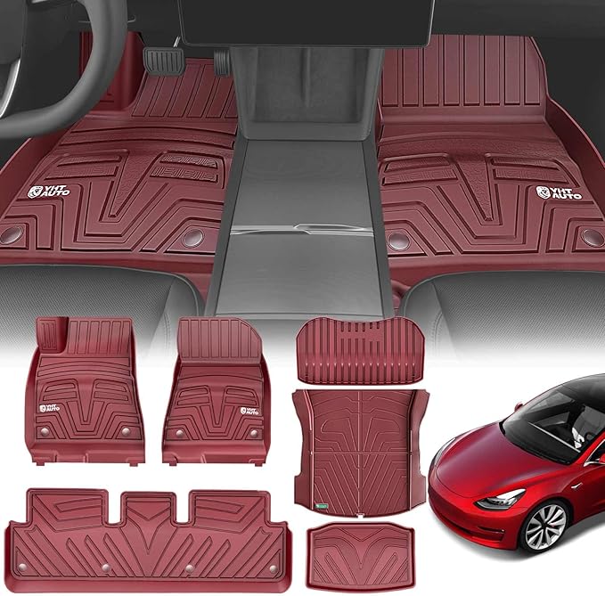 YHTAUTO Floor Mats Compatible with Tesla Model 3 2021-2023, All Weather TPE Front Rear Cargo Liner, Rear Storage Mats, Model 3 Accessories, Red, Set of 6