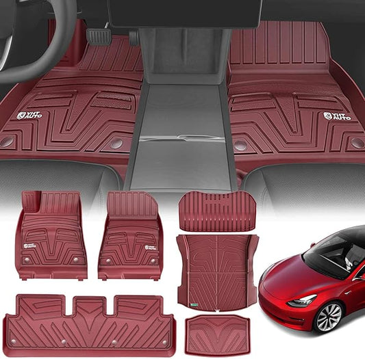 YHTAUTO Floor Mats Compatible with Tesla Model 3 2021-2023, All Weather TPE Front Rear Cargo Liner, Rear Storage Mats, Model 3 Accessories, Red, Set of 6