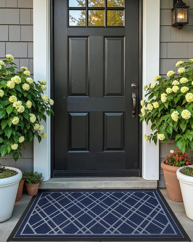 DEXI Front Door Mat Outside Entrance, All-Season Heavy Duty Rubber Doormat, Fade Resistant, Low-Profile, Easy Clean Patio Entryway, 23x35, Weave Blue
