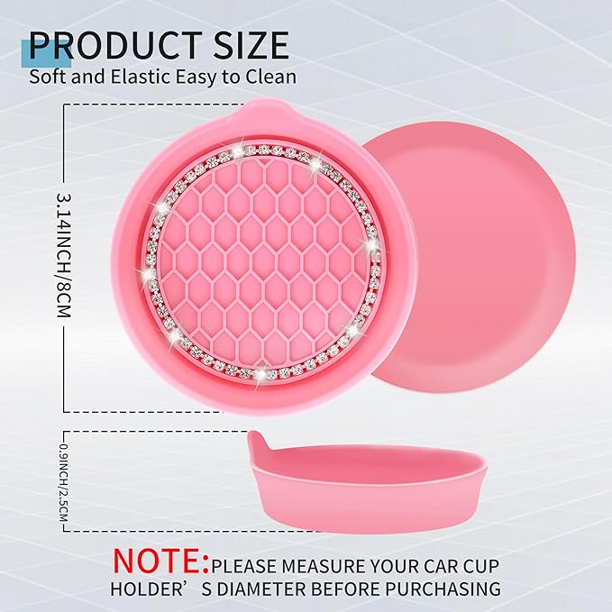 Amooca Car Cup Coaster Universal Non-Slip Cup Holders Bling Crystal Rhinestone Car Interior Accessories 2 Pack Peach Pink