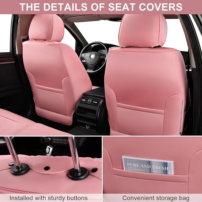 Pink Car Seat Covers Front Pair, Breathable Leather Automotive Front Seat Covers with Headrest, Universal Automotive Vehicle Seat Cover for Most Sedan SUV Pick-up Trucks