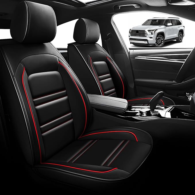 Seat Cover for Toyota Sequoia 2008-2025 | Car Seat Covers Front Seats, Waterproof Seat Protectors, Automotive Front Seat Covers (Front Seat, Black&Red Line)