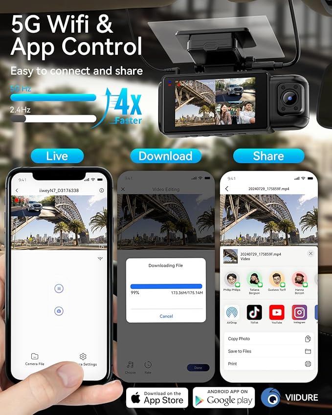 iiwey N7 3 Channel Dash Cam Front and Rear Inside 3K+1080P+1080P with 128GB SD Card, 5GHz WiFi, Rotatable Side Camera for Car, IR Night Vision, 24/7 Recording, G-Sensor, Parking Mode