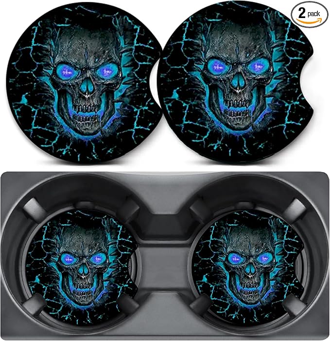 2 Pack Car Coasters for Cup Holders,Blue Skull Skeleton Car Cup Holder Coasters,2.75" Universal Size Anti Slip Rubber Mat,Automotive Interior Accessories,Car Cup Holder Decor,Gifts for Women Men Mom
