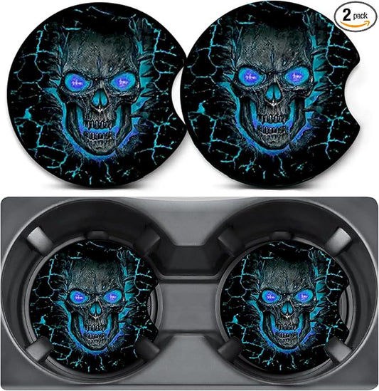 2 Pack Car Coasters for Cup Holders,Blue Skull Skeleton Car Cup Holder Coasters,2.75" Universal Size Anti Slip Rubber Mat,Automotive Interior Accessories,Car Cup Holder Decor,Gifts for Women Men Mom