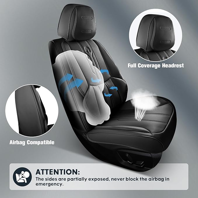 AOOG Front Seat Covers, Car Seat Covers Front Seats, Leather Seat Covers for Cars, Waterproof Seat Covers with Lumbar Support Universal Fit for Most Cars SUV Trucks(Front Pair, Black)