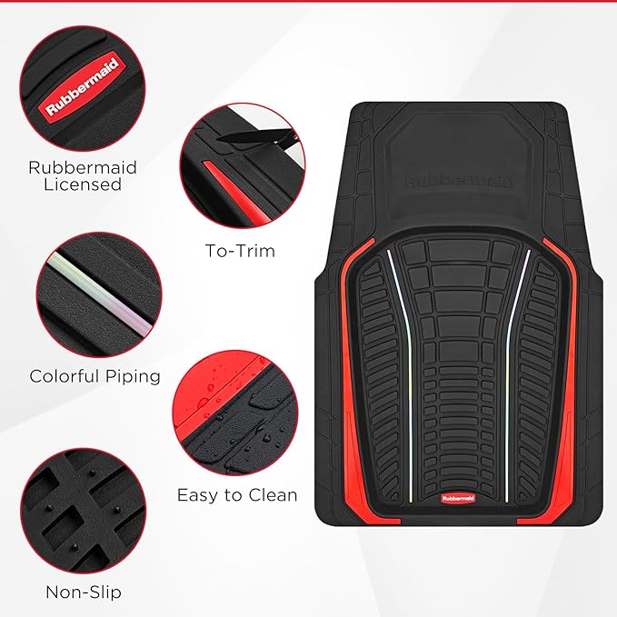Rubbermaid Car Floor Mats Full Set – Premium All-Weather Car Mat with Brushed Aluminum Inserts, Universal Trim-to-Fit Design, Anti-Slip Backing for Cars, SUVs, Trucks, and Vans