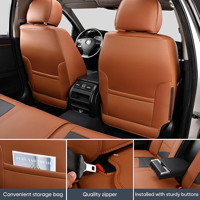 Auto Car Seat Covers Accessories Full Set Leather Cushion Protector Breathable Waterproof Seat Cover for Cars Universal Fit (Brown&Black, FullSet Without Headrest)