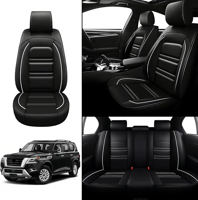 Seat Covers for Nissan Car Armada 2004-2024 | 5-Seats Leather Seat Covers, Easy to Install Automotive Seat Covers Full Set (Full Set, Black&White Line)