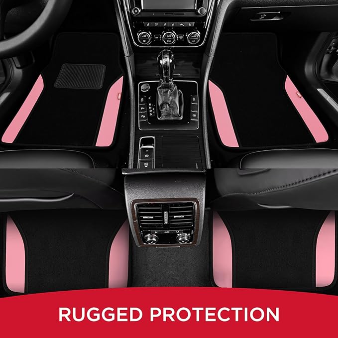 Rubbermaid Car Mats, Carpeted Floor Car Mat with Faux Leather & Built-in Heel Pad, Two-Tone Car Rug Floor Mats, Stylish Carpeted Floor Mats for Cars, Trucks & SUVs Pink Color