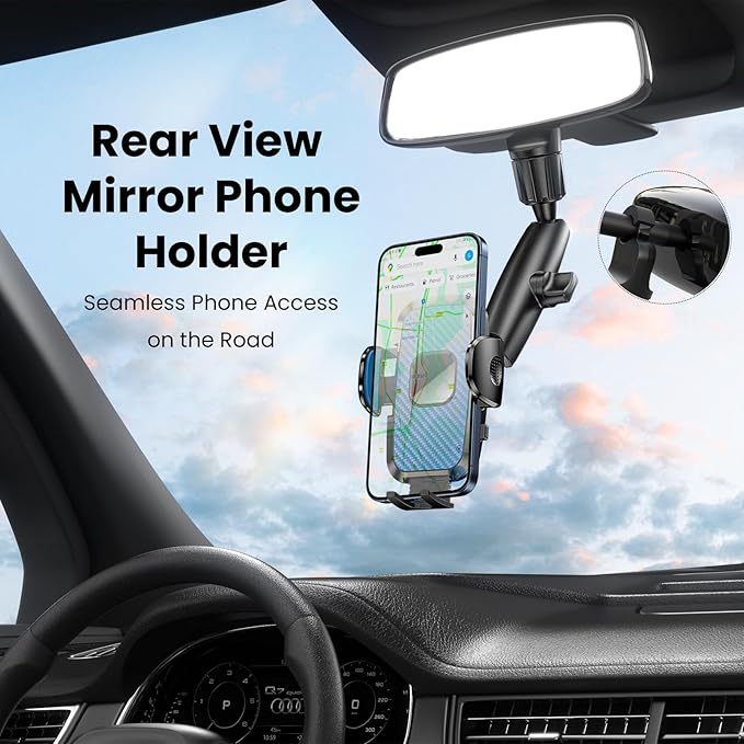 Rear View Mirror Phone Holder, 360° Rotating Car Phone Holder Mount Compatible with All 4-7 Inch iPhone and Android Cell Phones (Blue)