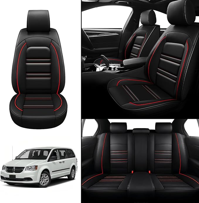 Seat Covers for Dodge Grand Caravan 1999-2020 | 5-Seats Leather Seat Covers, Easy to Install Automotive Seat Covers Full Set (Full Set, Black&Red Line)