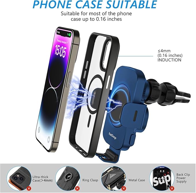 Wireless Car Charger, Fast Charging 15W Auto Clamping Car Charger Phone Holder Phone Mount for iPhone17 16 15 14 13 12 11 Pro Max Xs, Samsung Galaxy S23 Ultra S22 S21 S20 S10+ Note 9, etc(Blue)