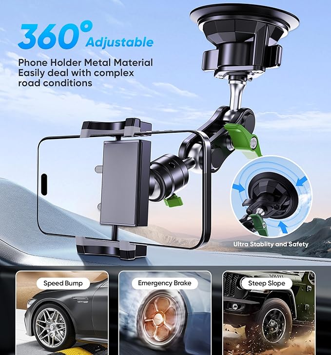 MAGIC JOHN Car Phone Holder, Ultra-Durable Mteal Phone Holders for Your Car, 360° Rotation Cell Phone Car Mount for Windshield, Suction Cup Car Phone Mount for iPhone Samsung All Smartphone