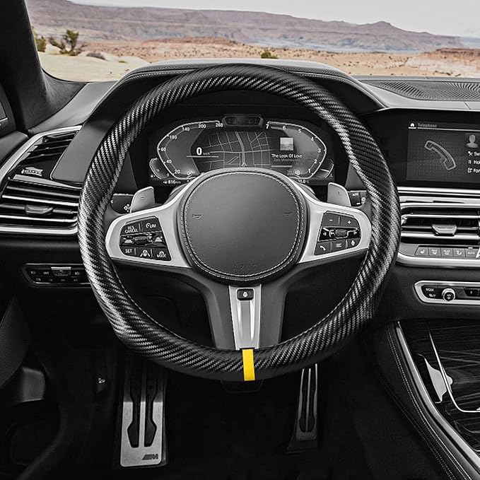 Ergocar Steering Wheel Cover Carbon Fiber Leather Material Anti-Slip Breathable Sport Steering Wheel Cover, Diameter 15" (37.5-38 Cm)