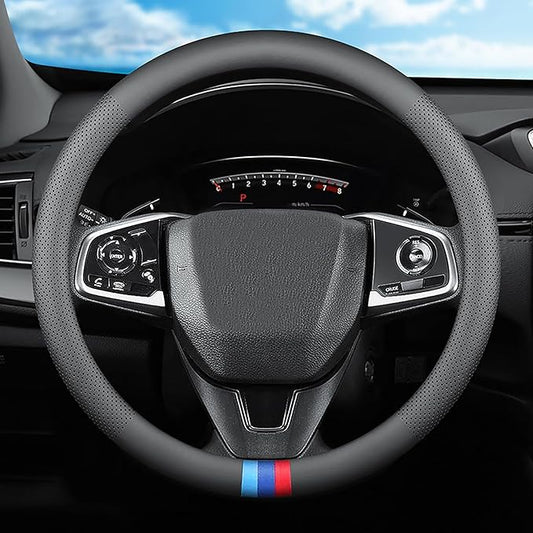 Tricolor Stripes Car Steering Wheel Cover,14.5-15 Inch Universal Nappa Leather 3D Mesh Covers Breathable Anti-Slip Odorless Steering Wheels Accessories for Men Women