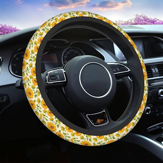 Swono Steering Wheel Cover for Men Women Sunflower Vintage Sunflower and Green Leaves Yellow Universal 15 Inch Anti-Slip Odorless Breathable Car Wheel Protector