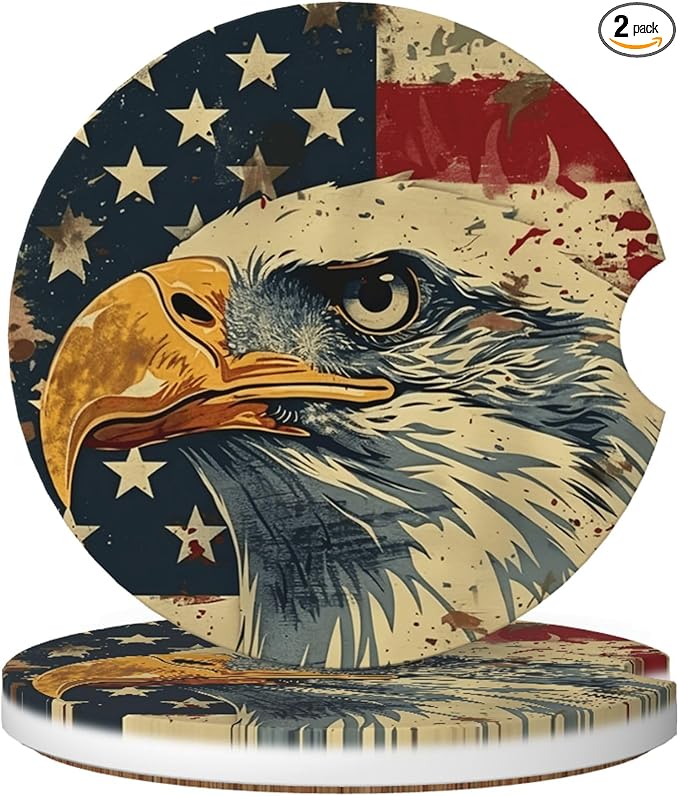 Absorbent Car Coasters for Cup Holders, 2 Pack Universal Anti Slip Ceramic Cup Coaster for Women Men 2.56 Inch Car Interior Accessories - Vintage Bald Eagle American Flag 012